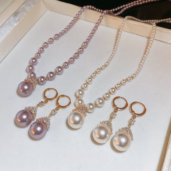 Gold Plated Round Faux Pearl Stud Earrings Necklace Jewelry Set Light Luxury Niche Style
