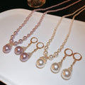 Gold Plated Round Faux Pearl Stud Earrings Necklace Jewelry Set Light Luxury Niche Style view 4