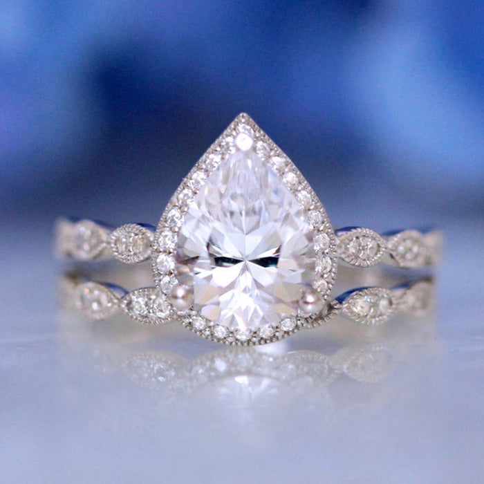 Direct Water Drop Couple Rings With Micro Paved Zircon, Elegant Dress Style Women's Jewelry