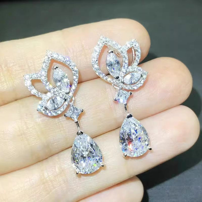 Lotus Water Drop Geometric Zircon Earrings, Light Luxury Fashion Drop Jewelry For Women