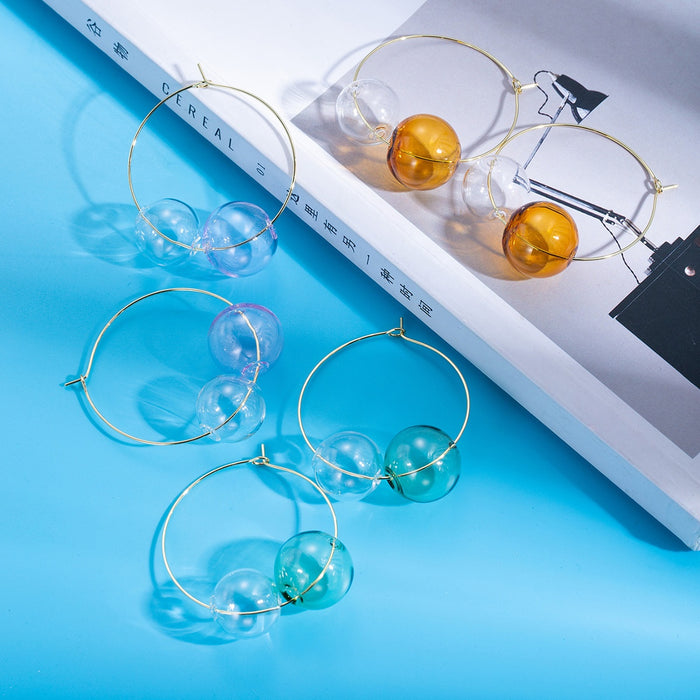 Handmade Colorful Bubble Glass Ball Gold Alloy Hoop Elegant Lightweight Fashion Earrings