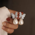 Irregular Korean Butterfly Earrings For Women With Faux Pearl Studs, Gentle Princess Jewelry view 2