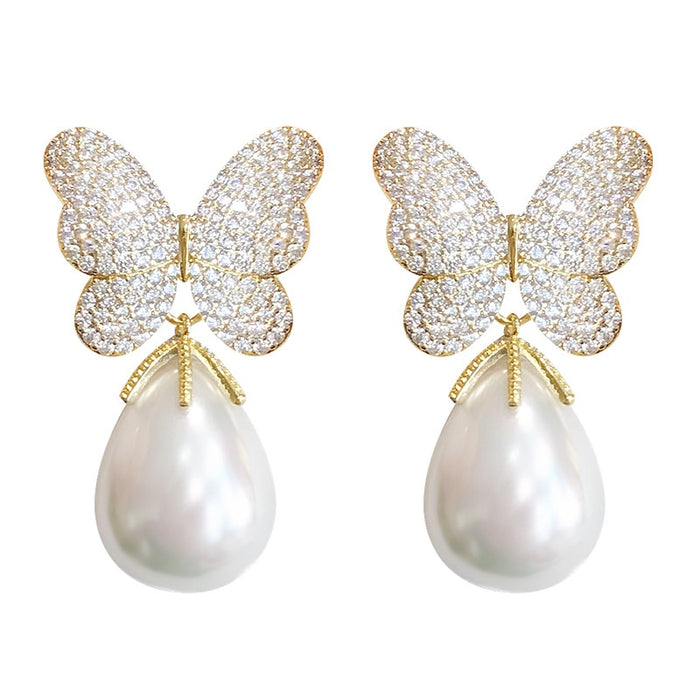 Irregular Korean Butterfly Earrings For Women With Faux Pearl Studs, Gentle Princess Jewelry