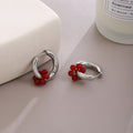 Elegant Silver Alloy Huggie Hoop With Red Flower Bead Charm Lightweight Luxury Women's Earrings view 3