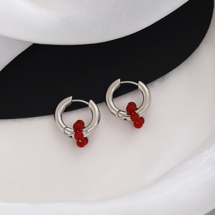 Elegant Silver Alloy Huggie Hoop With Red Flower Bead Charm Lightweight Luxury Women's Earrings