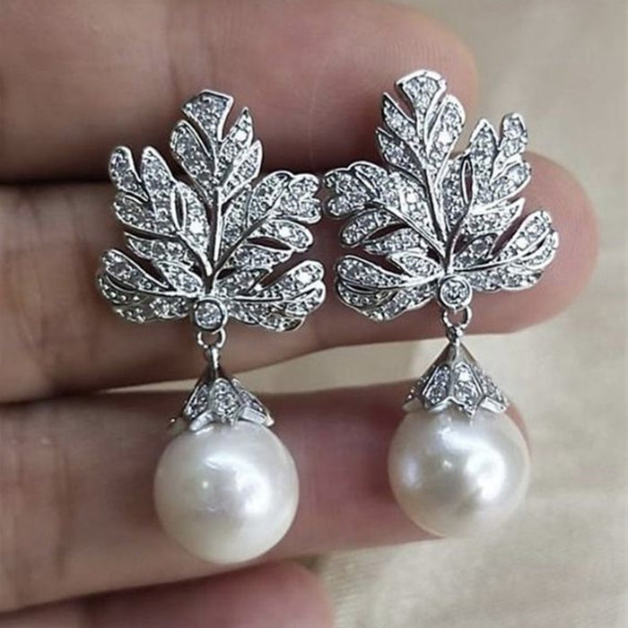 Sparkling Leaf Earrings For Women, Micro Pave Imitation Pearl Light Luxury Jewelry
