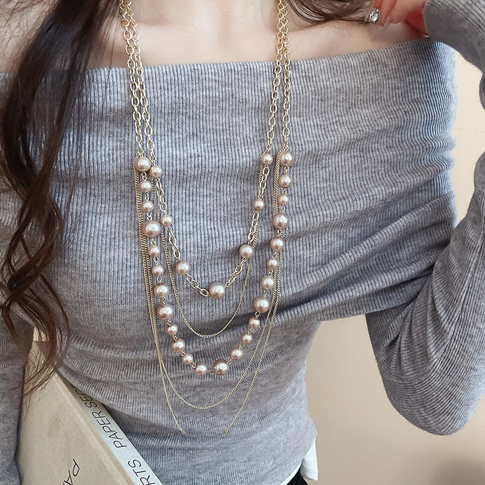 French Light Luxury Multi Layer Faux Pearl Sweater Necklace Alloy Round Geometric Fashion Jewelry