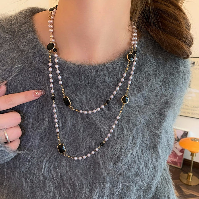 Elegant Multi Layer Faux Pearl Rhinestone Rectangle Sweater Necklace For Autumn Winter
