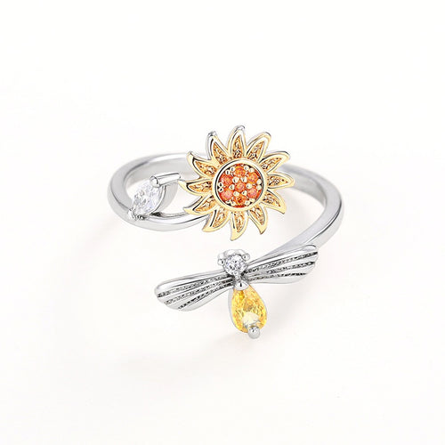 Adjustable Open Ring With Bee Honey Flower Design, European American Fashion Jewelry