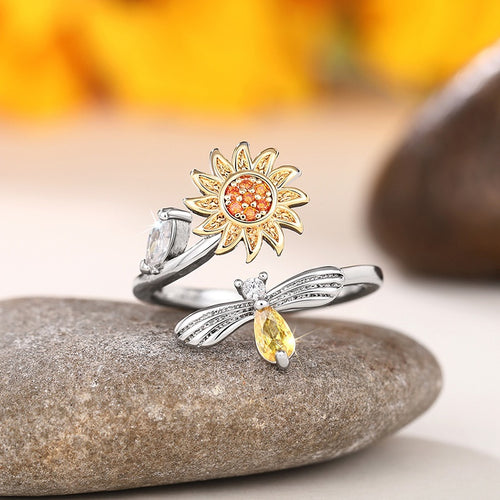 Adjustable Open Ring With Bee Honey Flower Design, European American Fashion Jewelry