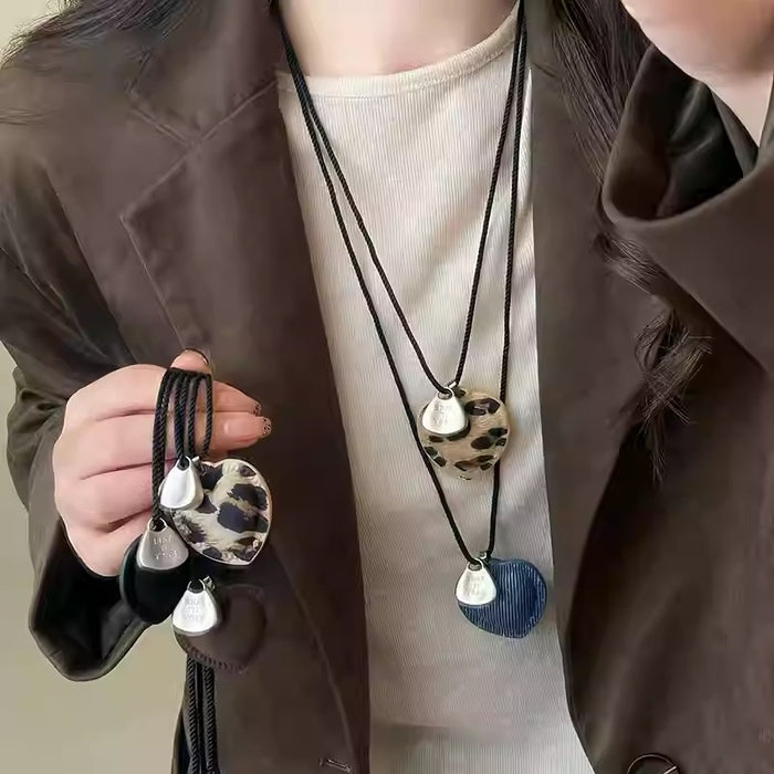 Alloy Heart Pendant Leather Braided Cord Sweater Necklace For Women Chic Autumn Winter Fashion