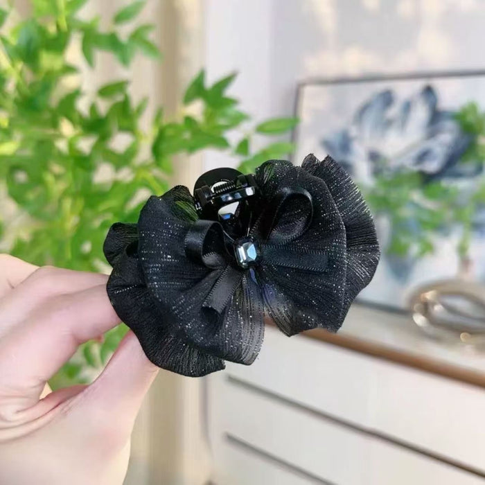 Silver Thread Square Rhinestone Bow Claw Clip For High Ponytail