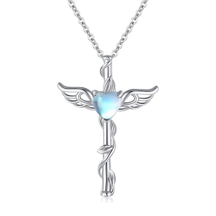 Glossy Heart Wing Pendant Necklace With Faux Moonstone, Niche Sweet Cool Fashion Jewelry