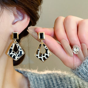 Chic Leopard Print Acetate Resin Diamond Shape Rhinestone Stud Earrings For Women