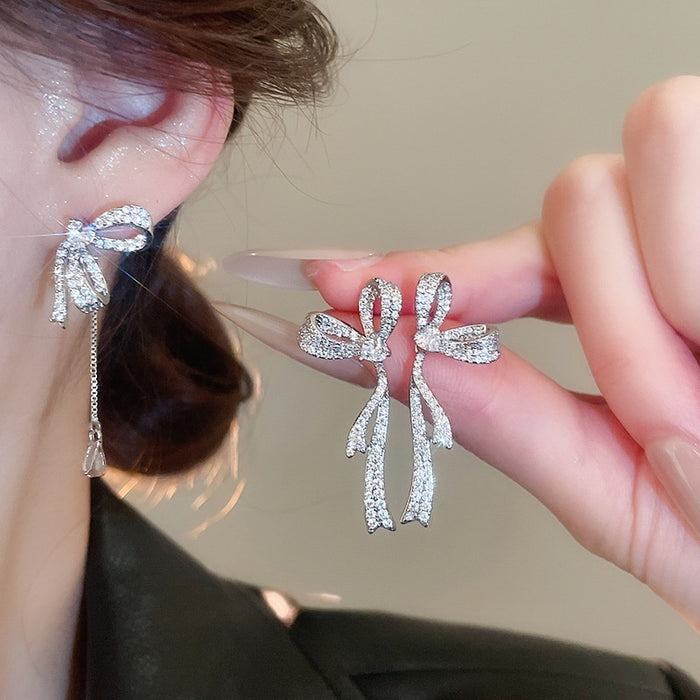 Copper Bowknot Tassel Drop Earrings With Sparkling Zircon, Light Luxury Fashion Ear Jewelry