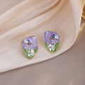 Vintage French Luxury Monet Garden Irregular Purple Flower Enamel Rhinestone Pearl Bead Alloy Stud Earrings view 2