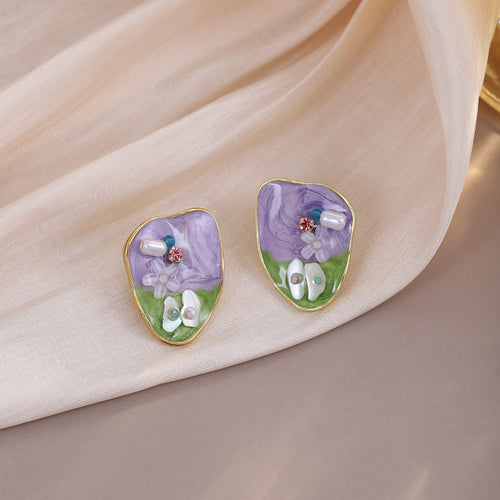 Vintage French Luxury Monet Garden Irregular Purple Flower Enamel Rhinestone Pearl Bead Alloy Stud Earrings