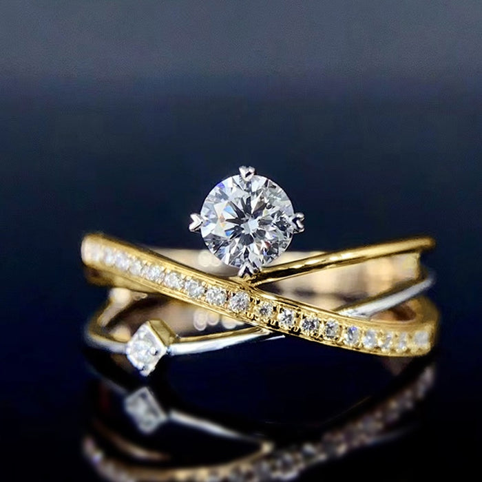 French Commuter Style Multi Layer Geometric Line Ring For Women With Four Prong Zircon Setting