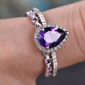 Two Piece Water Drop Ring Set With Purple Micro Pave Zircon Elegant Women's Jewelry view 2