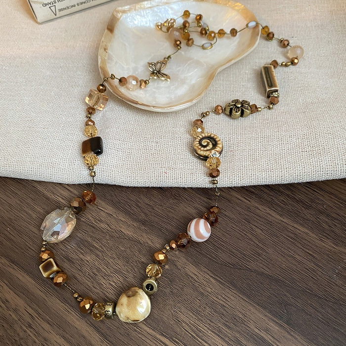 Vintage Butterfly Flower Ceramic Heart Glass Crystal Sweater Necklace For Women