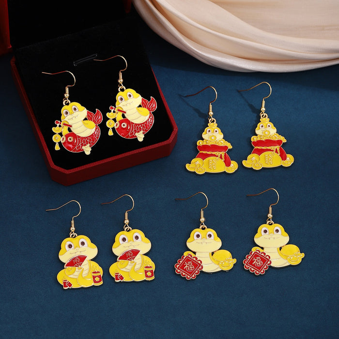 Luxury Cute Snake Zodiac New Year Blessing Alloy Enamel Red Gold Lucky Charm Drop Dangle Earrings