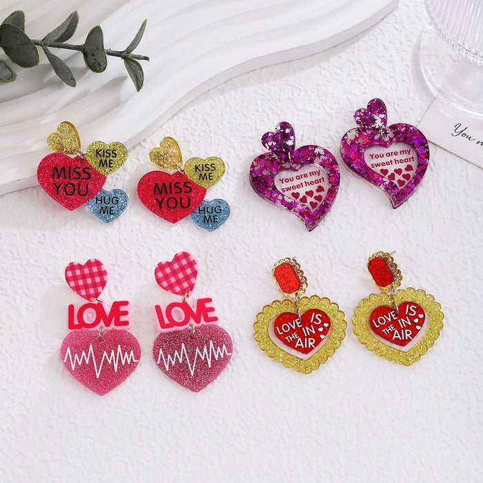Korean Heart LOVE Glitter Acrylic Drop Earrings Romantic Light Luxury Sweet Girl Fashion Jewelry
