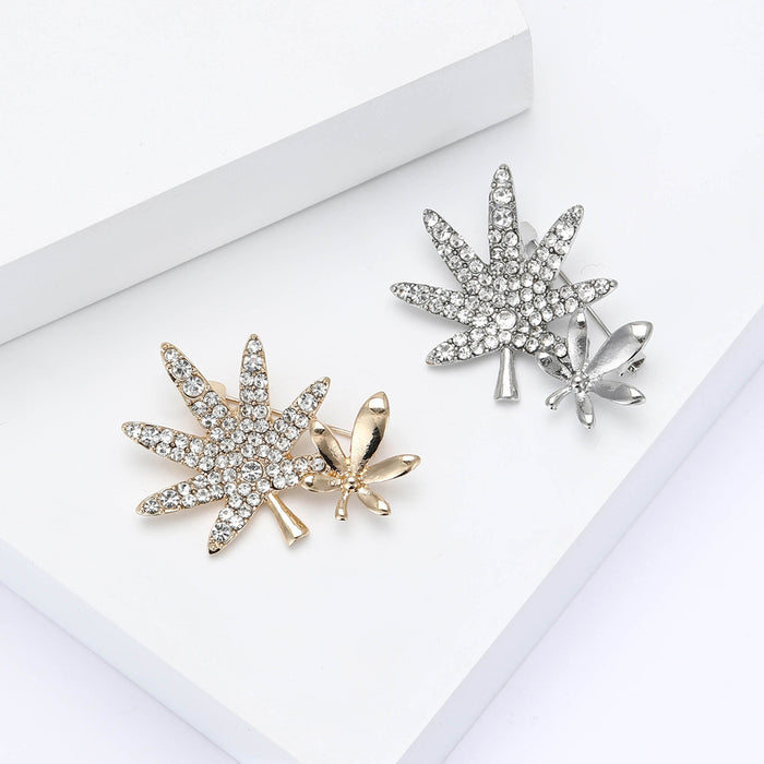Rhinestone Alloy Double Maple Leaf Brooch Pin For Women's Apparel