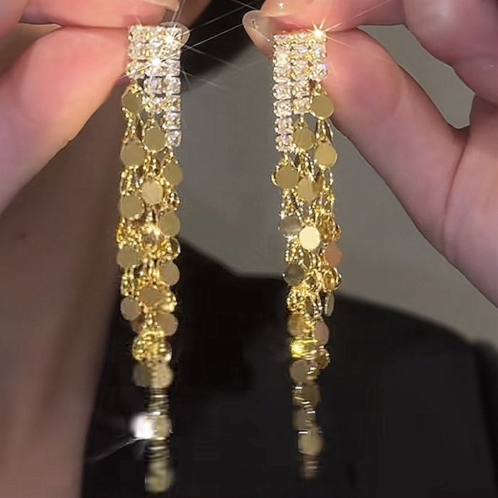 Copper Zircon Tassel Drop Earrings For Women, Geometric Round Statement Luxury Style