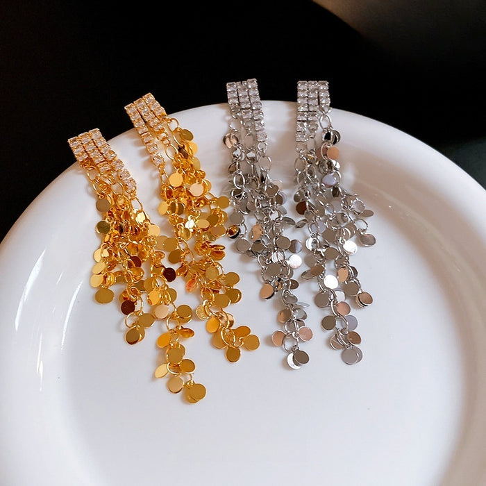 Chic Copper Zircon Sequin Long Tassel Geometric Drop Earrings For Women