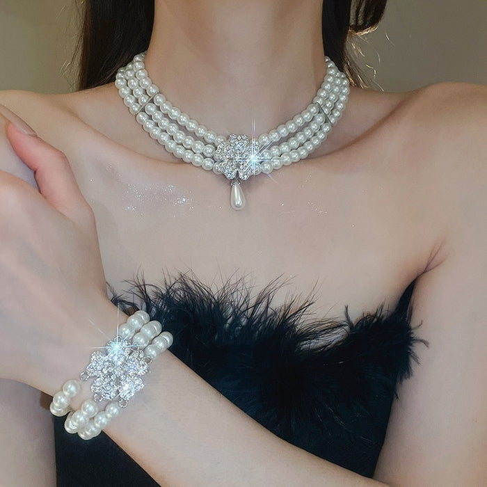 Rhinestone Flower Faux Pearl Necklace Bracelet Earrings Jewelry Set, Light Luxury Collarbone Style