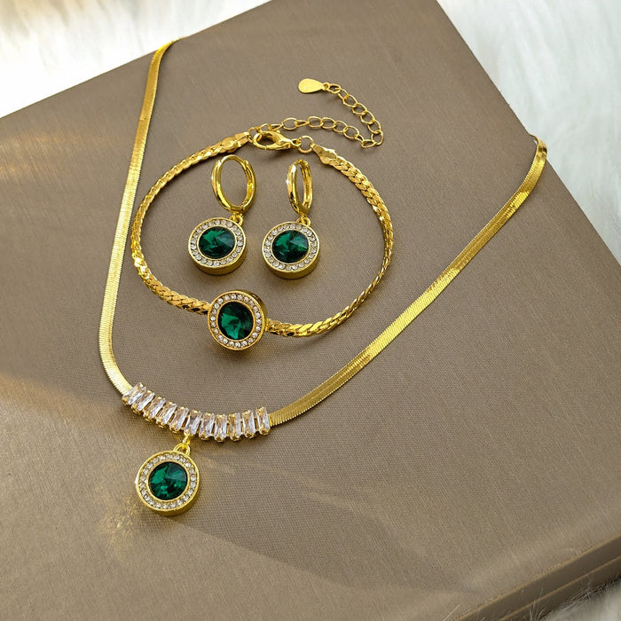 Luxury Vintage Emerald Green Crystal Zircon Gold Plated Hoop Drop Jewelry Set Women's Earrings