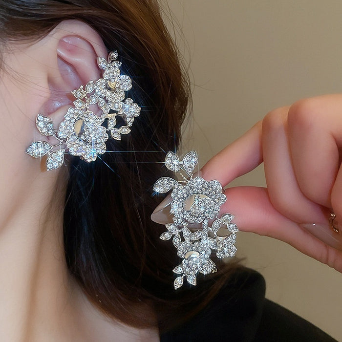Light Luxury Alloy Rhinestone Flower Leaf Clip-on Earrings For Non-Pierced Ears