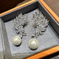 Faux Pearl Zircon Inlaid Drop Earrings For Women, Floral Evening Dress Fashion Jewelry view 5