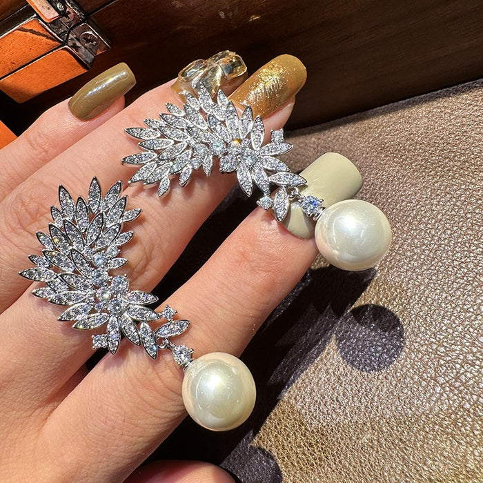 Faux Pearl Zircon Inlaid Drop Earrings For Women, Floral Evening Dress Fashion Jewelry