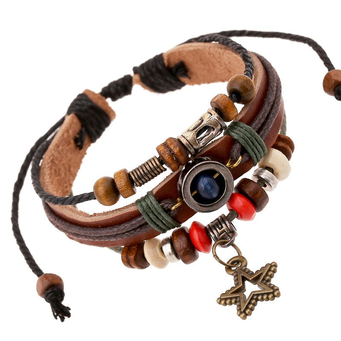 Vintage Five Point Star Pendant Beaded Cowhide Leather Bracelet Punk Genuine Leather Wristband