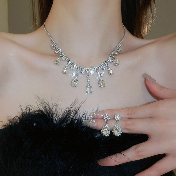Copper Square Rhinestone Tassel Necklace Earrings Jewelry Set Vintage Light Luxury Style