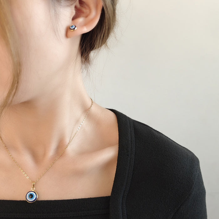 Elegant Evil Eye Round Enamel Alloy Studs With Blue Crystal Accent Light Luxury Women's Earrings