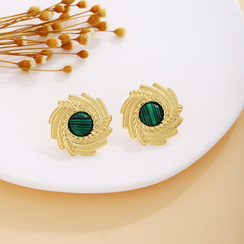 Vintage Luxury Gold Alloy Spiral Textured Colored Stone Stud Earrings For Women Elegant Metal Fashion Earrings