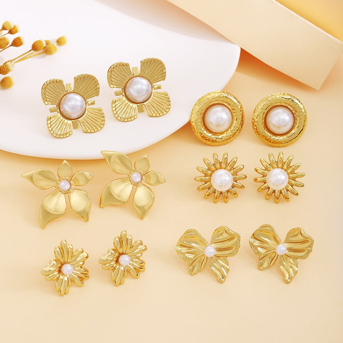 European American Flower Bow Textured Pearl Stud Earrings Light Luxury Metal Fashion Ear Jewelry