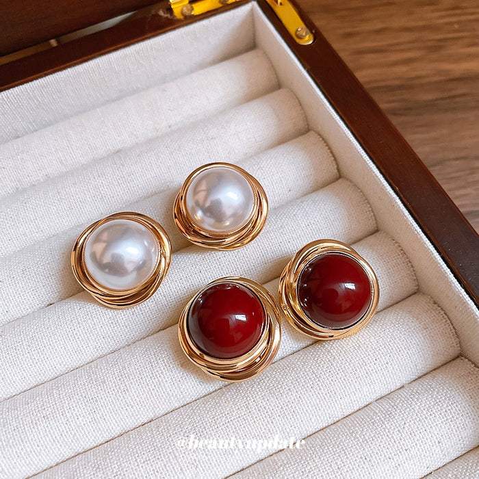 Light Luxury Round Faux Pearl Stud Earrings For Women, Vintage Geometric Elegant Ear Jewelry