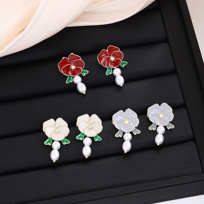 Elegant French Vintage Enamel Camellia Flower Pearl Drop Alloy Silver Needle Women's Fashion Earrings