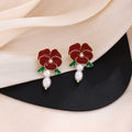 Elegant French Vintage Enamel Camellia Flower Pearl Drop Alloy Silver Needle Women's Fashion Earrings view 4