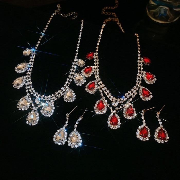 Light Luxury Copper Rhinestone Waterdrop Tassel Necklace And Earrings Jewelry Set