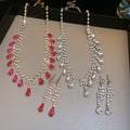 Copper Teardrop Rhinestone Tassel Necklace Earring Jewelry Set French Light Luxury Style view 1