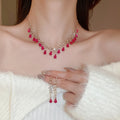 Copper Teardrop Rhinestone Tassel Necklace Earring Jewelry Set French Light Luxury Style view 2