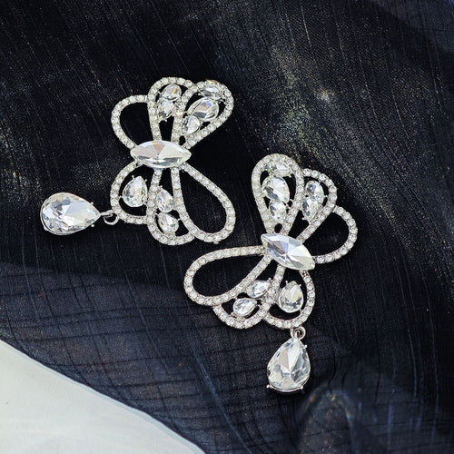 Luxury Hollow Butterfly Rhinestone Zircon Silver Needle Statement Drop Stud Earrings