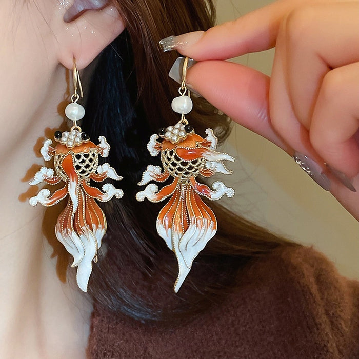 New Chinese Style Enamel Goldfish Faux Pearl Drop Earrings Vintage Light Luxury Animal Jewelry