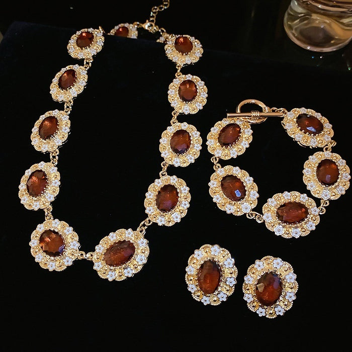 Alloy Oval Floral Rhinestone Jewelry Set, Luxury Vintage Necklace Earrings Bracelet