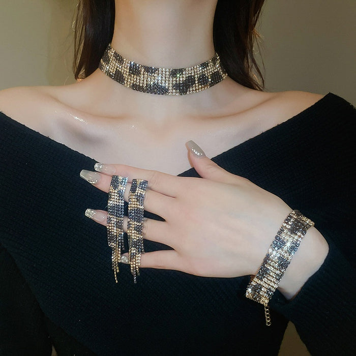 Copper Rhinestone Leopard Print Jewelry Set With Wide Choker Bracelet And Hoop Earrings