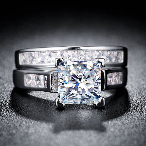 Gold and Silver Tone Square Stone Two Ring Set with Clear Stone Accents shown in styled view
